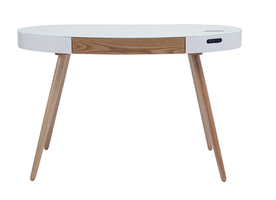 Bureau connecté multimédia verre blanc et bois clair L120 cm HANDY