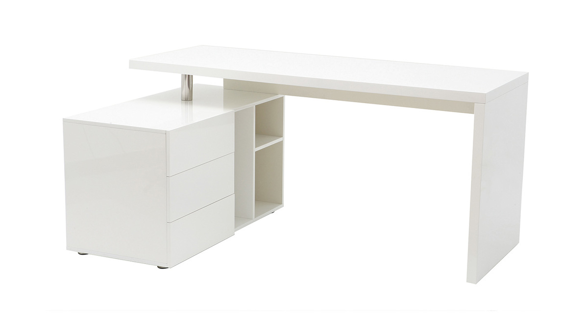 Bureau d'angle gauche avec rangements 3 tiroirs blanc laqu L160 cm MAXI