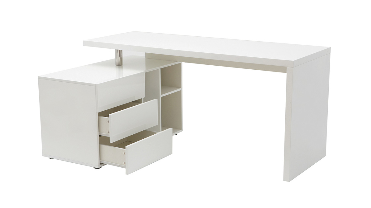 Bureau d'angle gauche avec rangements 3 tiroirs blanc laqu L160 cm MAXI