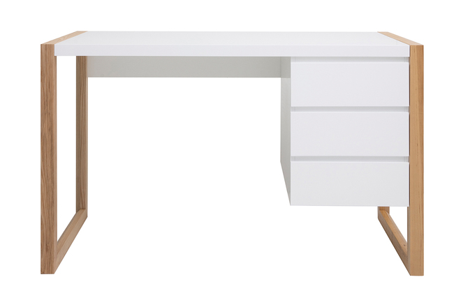 Bureau design 3 tiroirs blanc mat et bois ARMEL - Miliboo