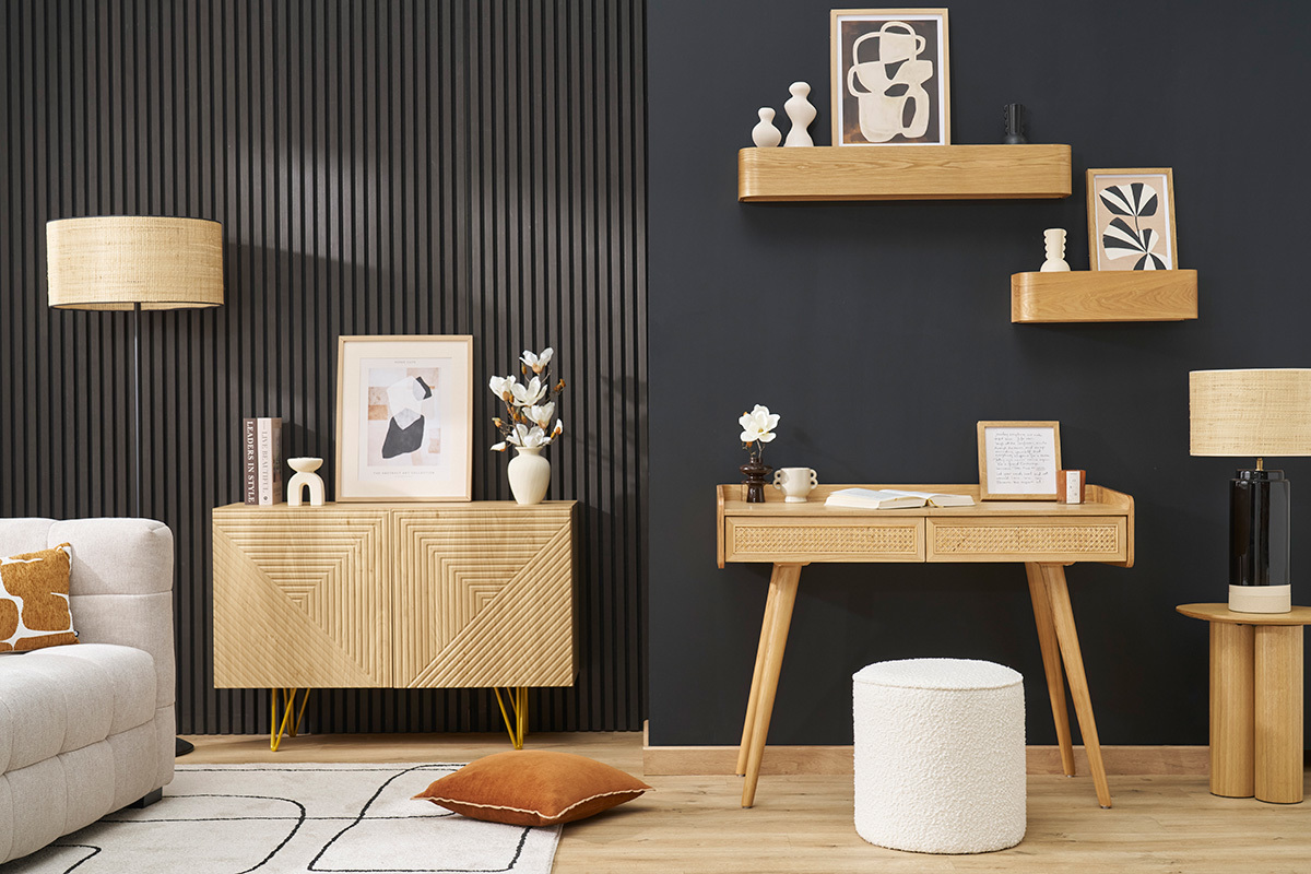 Bureau design avec rangements 2 tiroirs bois clair et cannage rotin L105 cm ELSY
