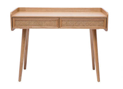 Bureau design avec rangements 2 tiroirs bois clair et cannage rotin L105 cm ELSY