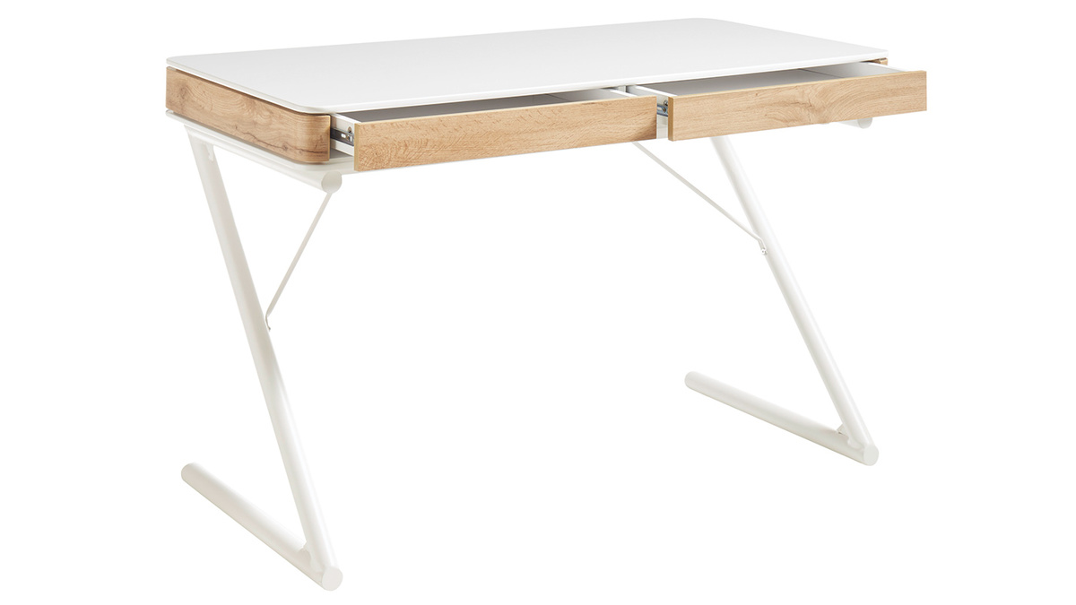 Bureau design avec tiroirs blanc mat et bois L120 cm POES