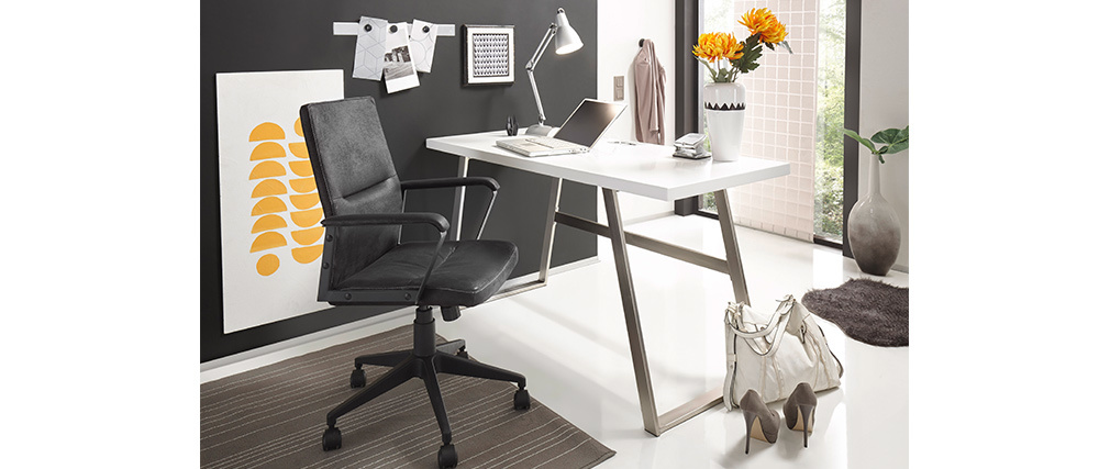 Bureau design blanc mat et m�tal bross� STYLO