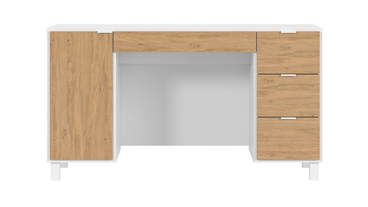 Bureau design bois et blanc avec caisson et tiroirs L140 cm GALLO
