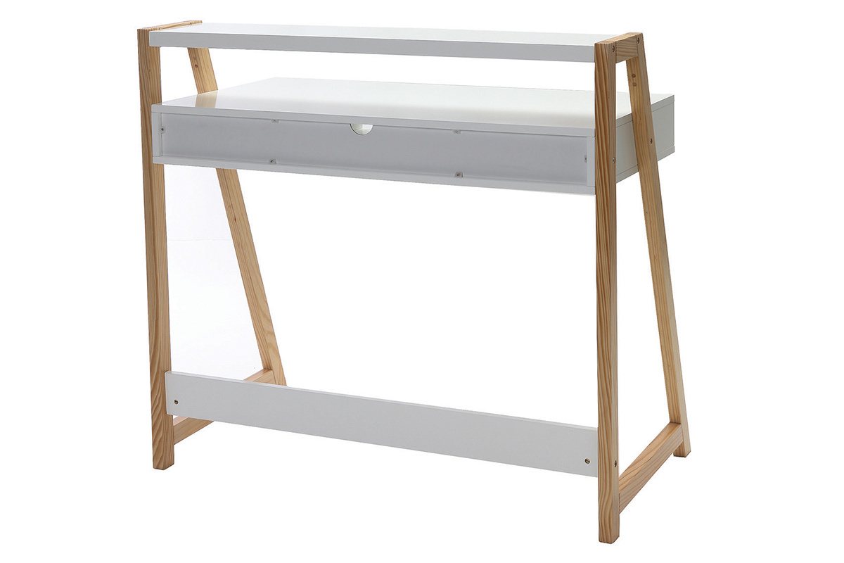 Bureau design laqu� blanc mat et bois STOKA