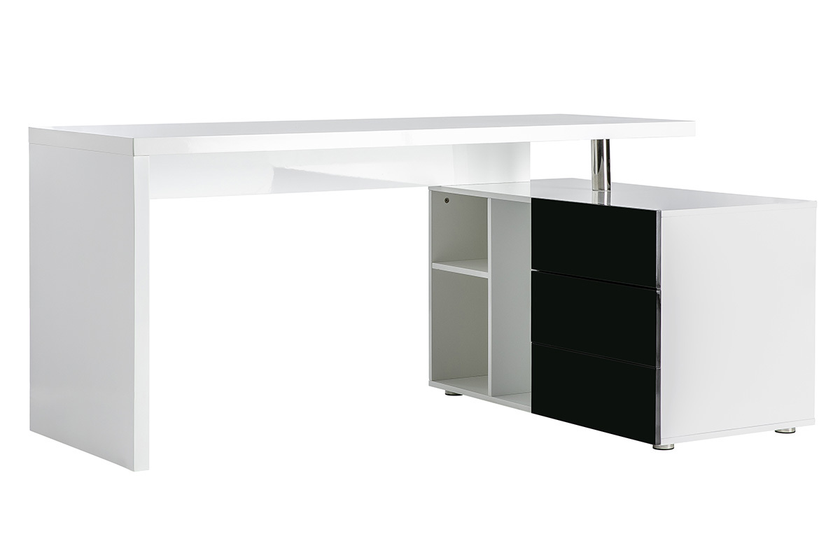 Bureau design laqu� brillant blanc et noir avec rangements � droite MAXI