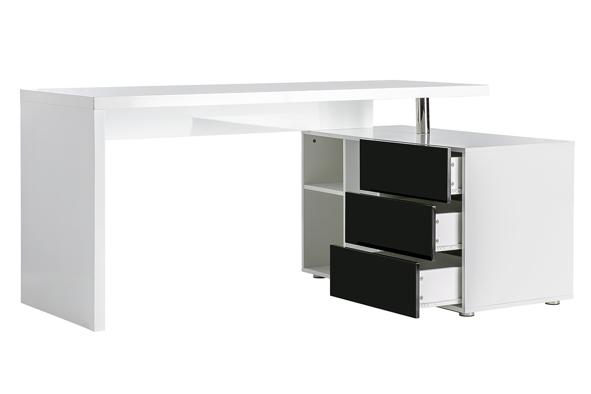 Bureau design laqu� brillant blanc et noir avec rangements � droite MAXI