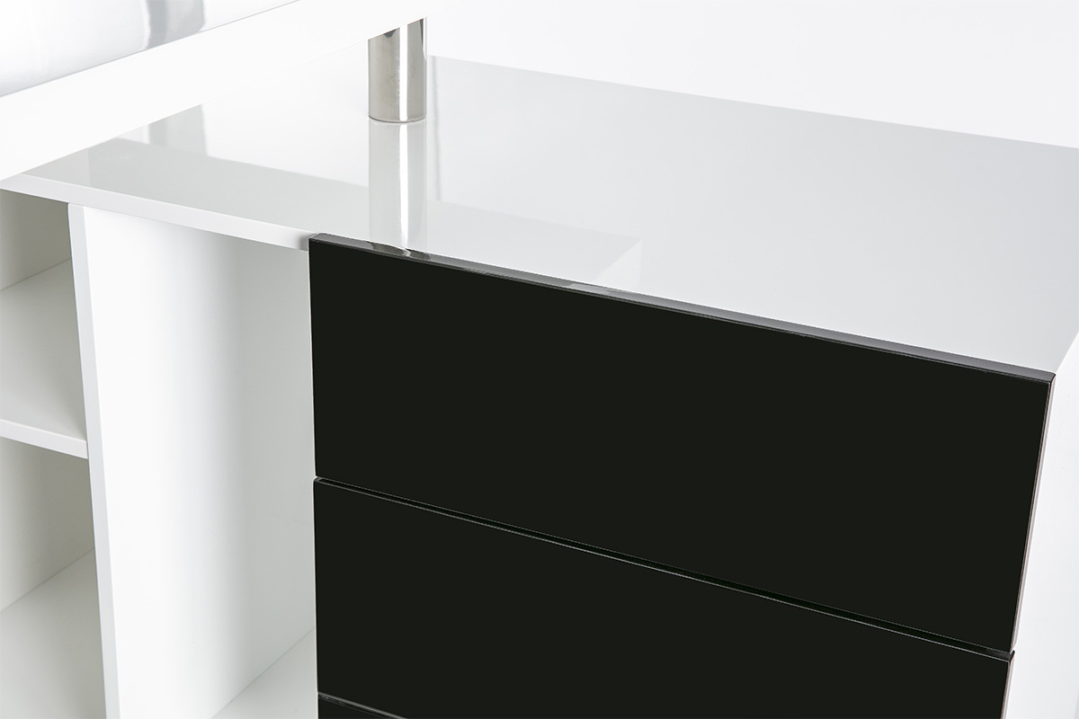Bureau design laqu� brillant blanc et noir avec rangements � droite MAXI