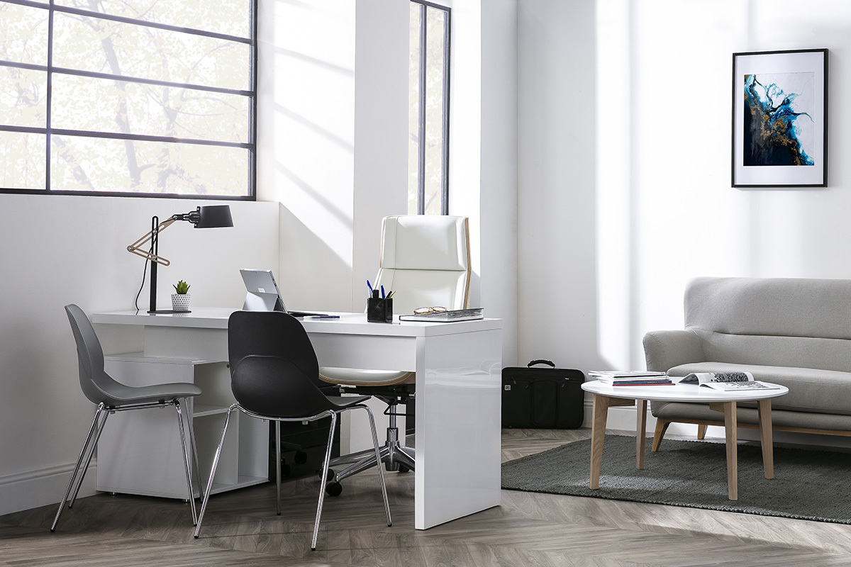 Bureau design laqu� brillant blanc et noir avec rangements � droite MAXI