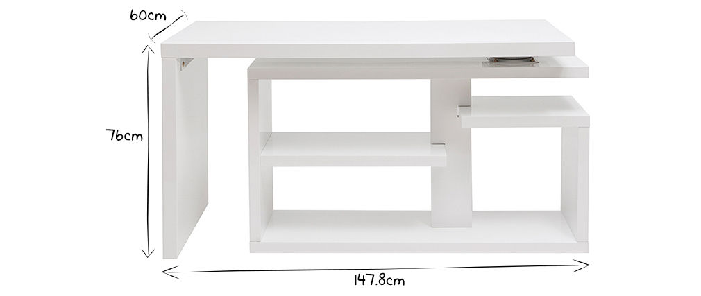 Bureau design pivotant laqu� blanc brillant L147-217 cm HALTON