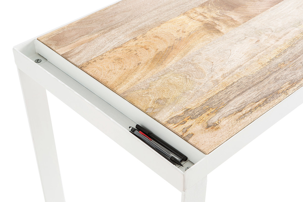 Bureau en manguier massif et mtal blanc L153 cm PUKKA