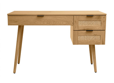 Bureau finition bois clair, cannage rotin et métal noir 3 tiroirs L120 cm MANILLE