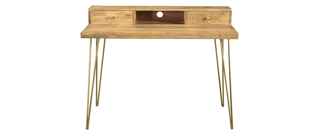 Bureau grav� en manguier massif et m�tal dor� L115 cm LINIUM
