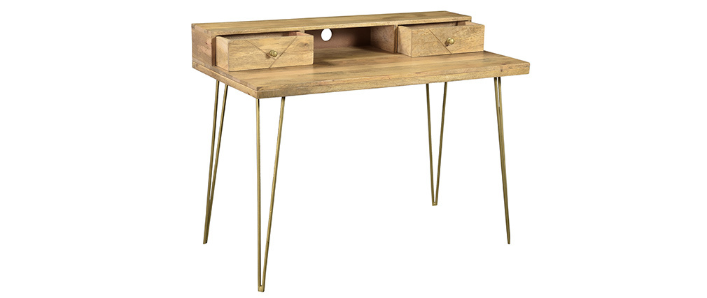 Bureau grav� en manguier massif et m�tal dor� L115 cm LINIUM
