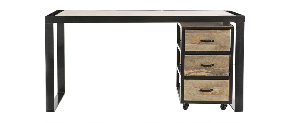 Bureau industriel avec caisson mobile en manguier massif L156 cm INDUSTRIA