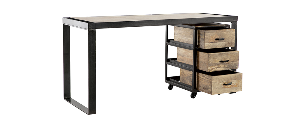 Bureau industriel avec caisson mobile en manguier massif L156 cm INDUSTRIA