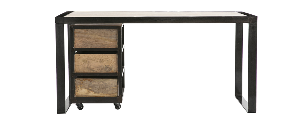 Bureau industriel avec caisson mobile en manguier massif L156 cm INDUSTRIA
