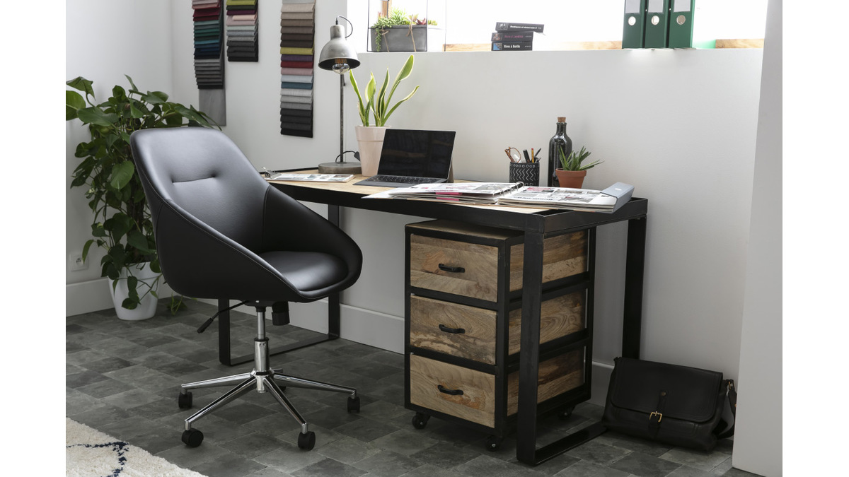 Bureau industriel bois clair manguier massif et mtal noir L153 cm INDUSTRIA
