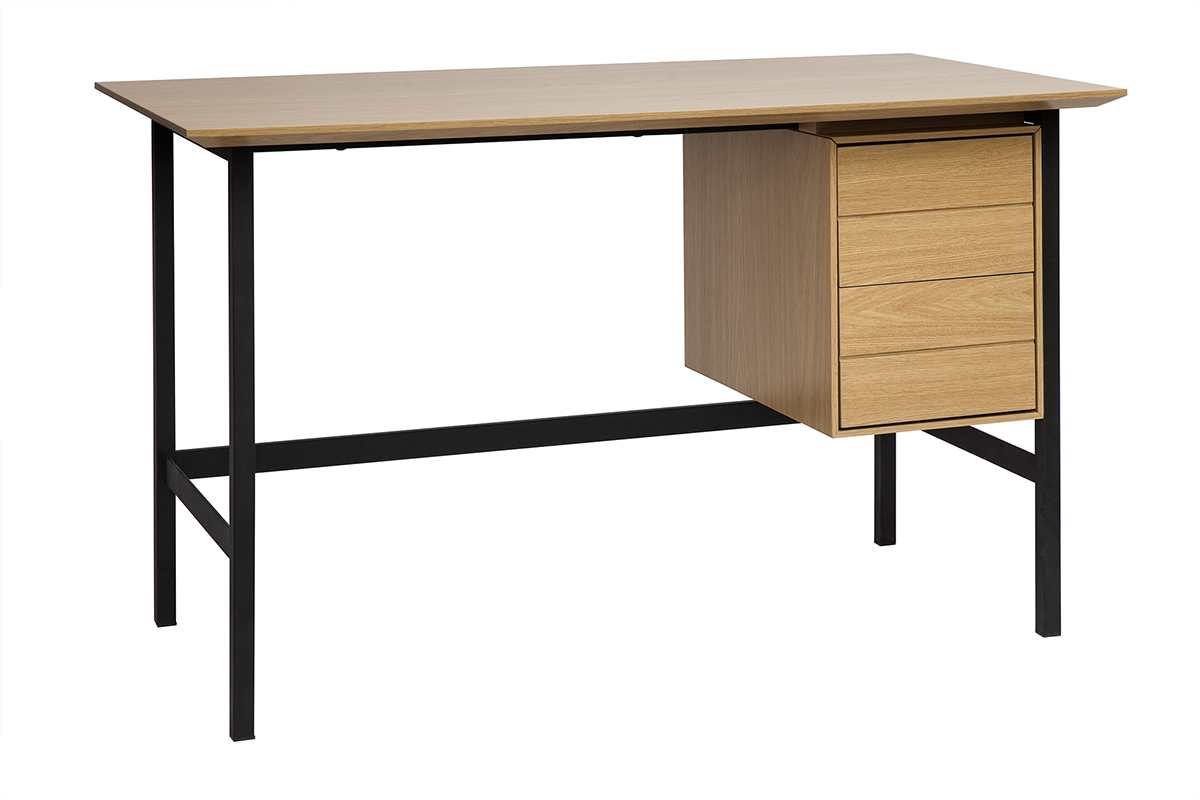 Bureau industriel finition bois chêne et métal noir avec rangements 2 tiroirs L120 cm MAXENCE
