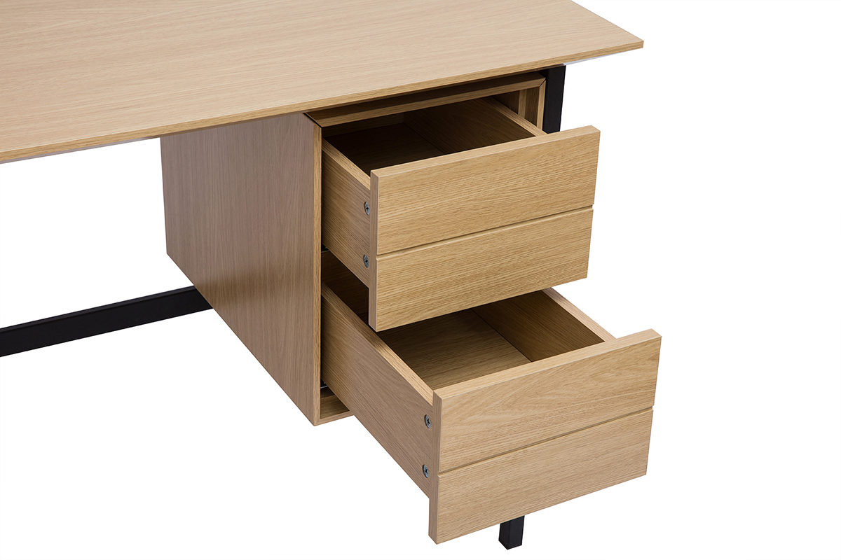 Bureau industriel finition bois chêne et métal noir avec rangements 2 tiroirs L120 cm MAXENCE