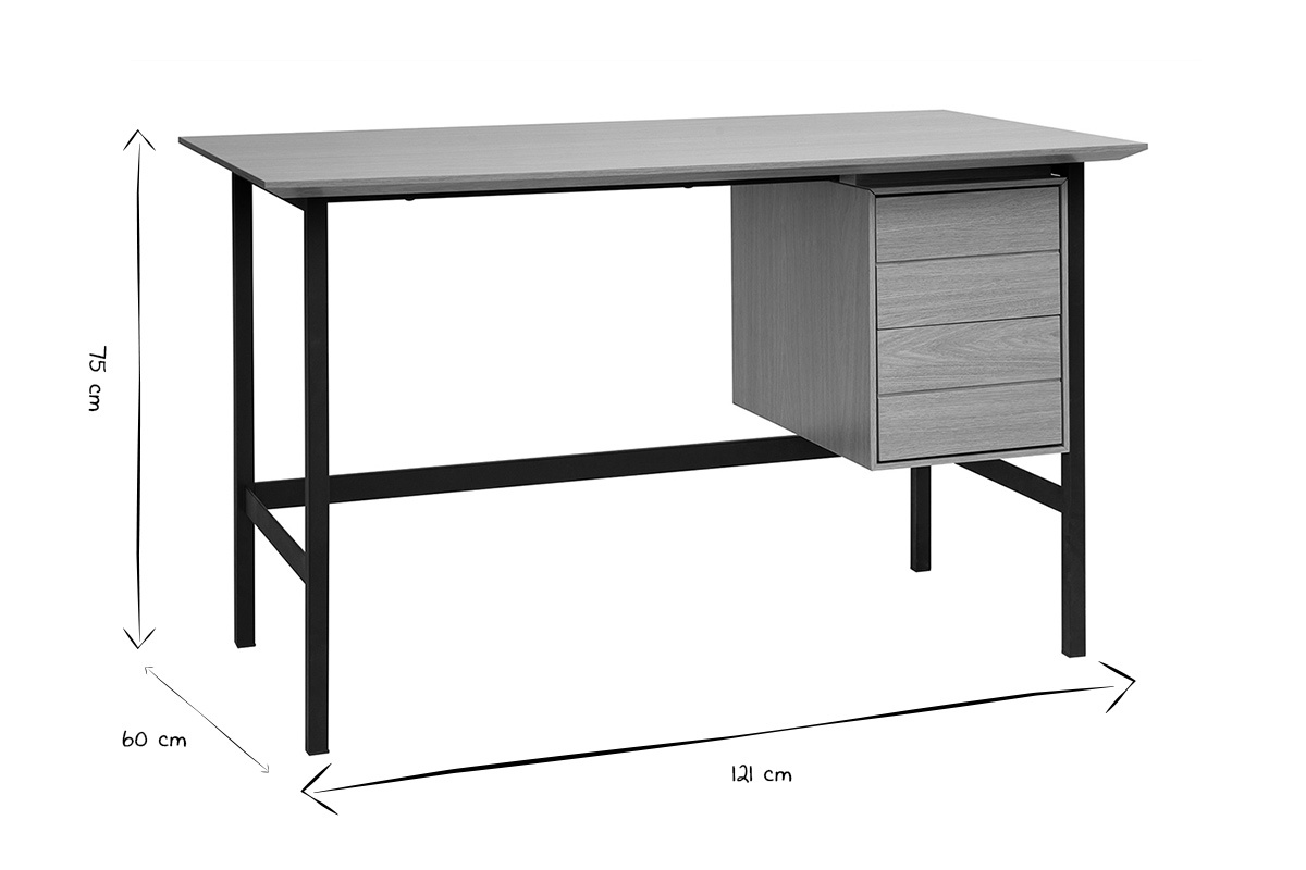 Bureau industriel finition bois chêne et métal noir avec rangements 2 tiroirs L120 cm MAXENCE