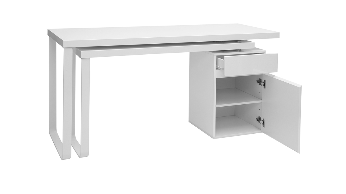 Bureau modulable avec rangements design blanc brillant L150-230 cm VOXY