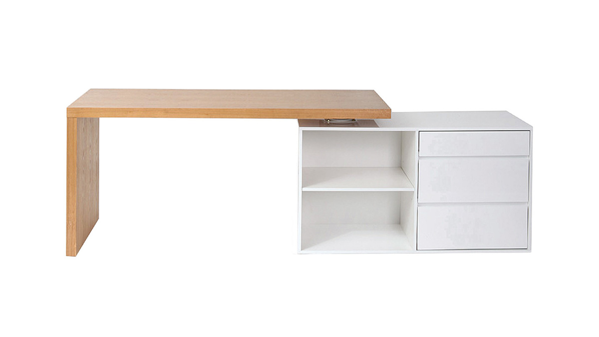 Bureau modulable design blanc brillant et bois clair frne L160-235 cm NEW MAX