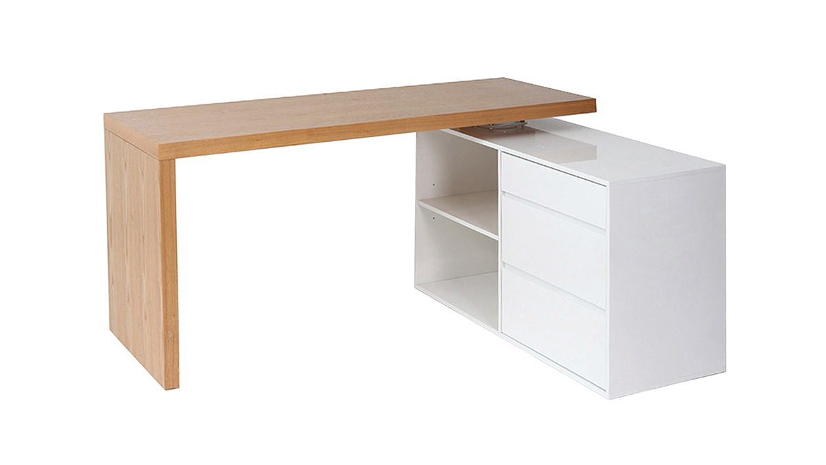 Bureau modulable design blanc brillant et bois clair frne L160-235 cm NEW MAX