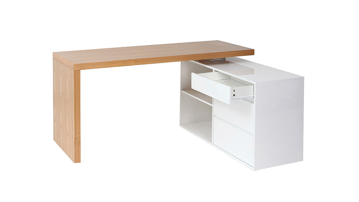 Bureau modulable design blanc brillant et bois clair frne L160-235 cm NEW MAX