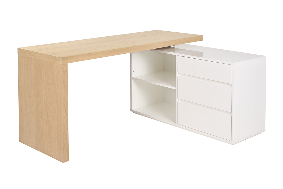 Bureau modulable design blanc brillant et bois clair fr�ne L160-235 cm NEW MAX