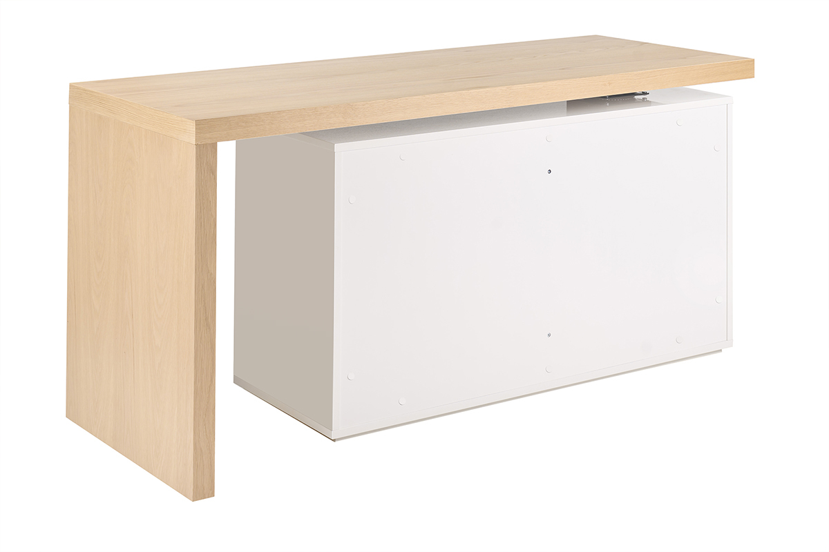 Bureau modulable design blanc brillant et bois clair fr�ne L160-235 cm NEW MAX