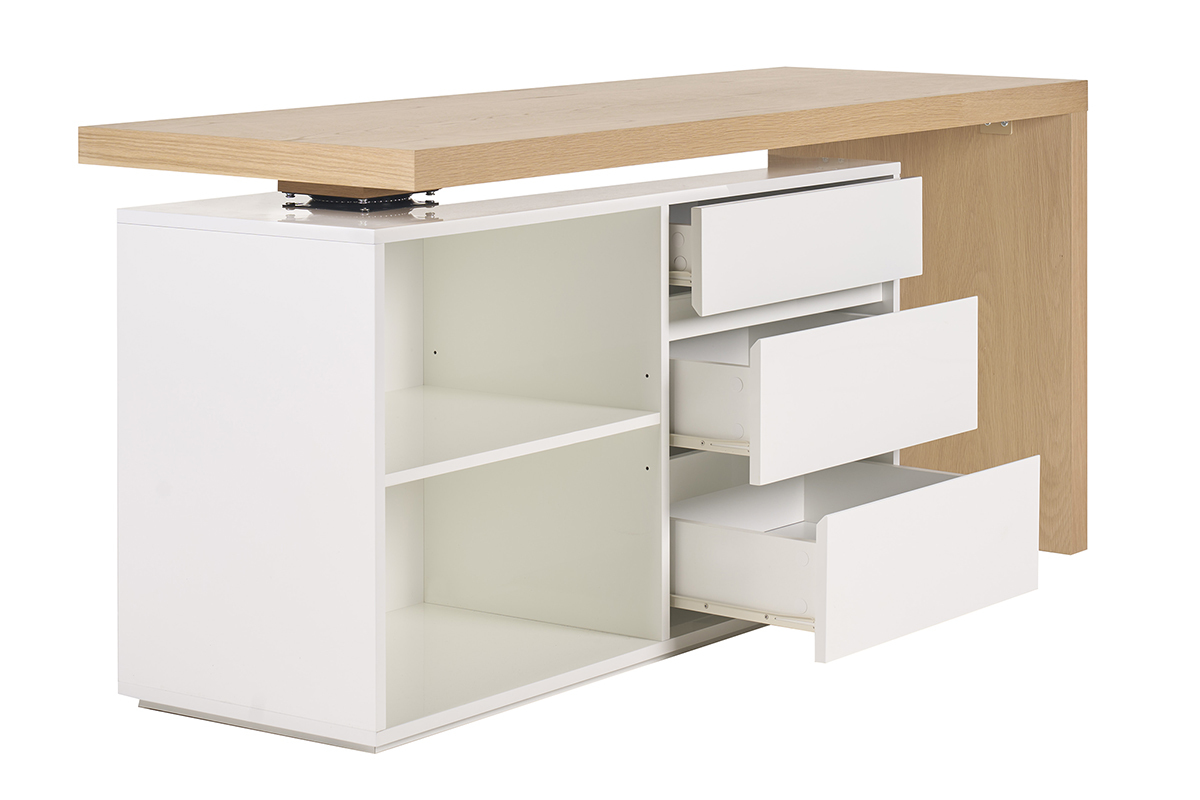 Bureau modulable design blanc brillant et bois clair fr�ne L160-235 cm NEW MAX