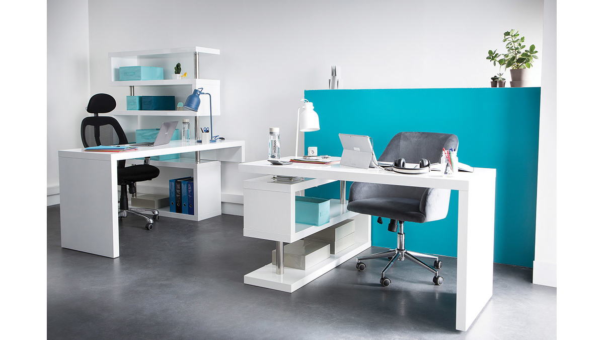 Bureau modulable design blanc laqu brillant L160-247 cm T-MAX