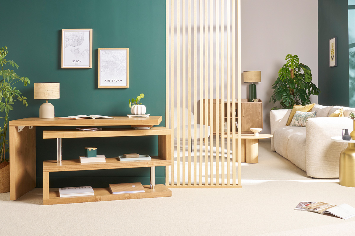 Bureau modulable design bois clair frne massif L140-214 cm MAX