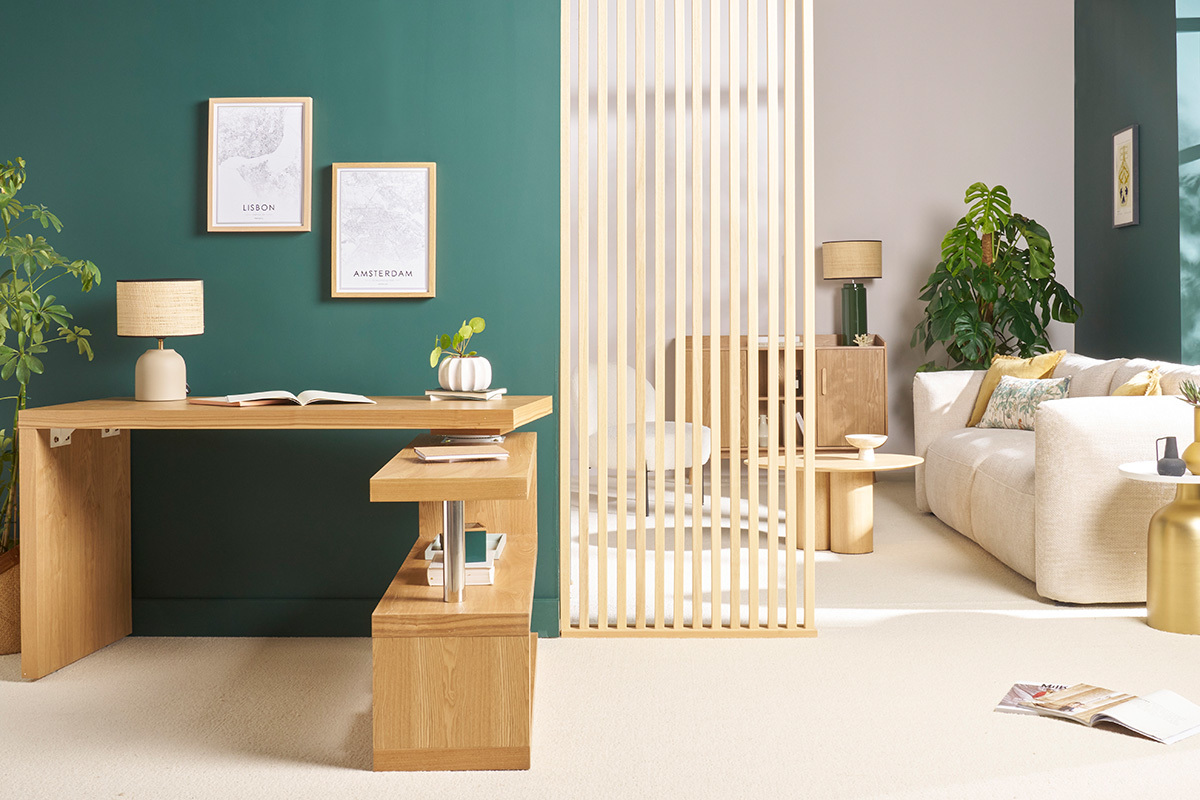 Bureau modulable design bois clair frne massif L140-214 cm MAX