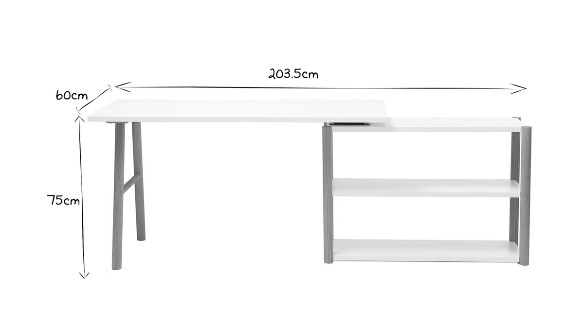 Bureau modulable scandinave blanc et bois chne massif L140-203 cm GILDA