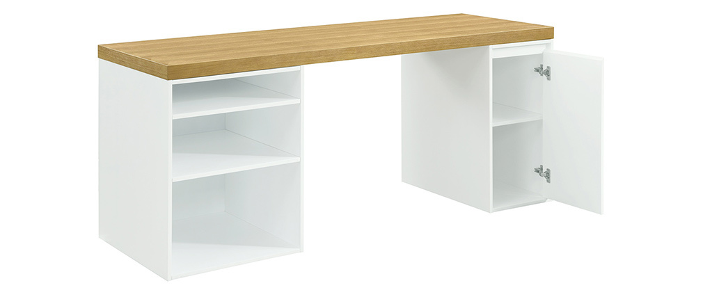 Bureau scandinave avec tiroir et caisson ouvert blancs RACKEL