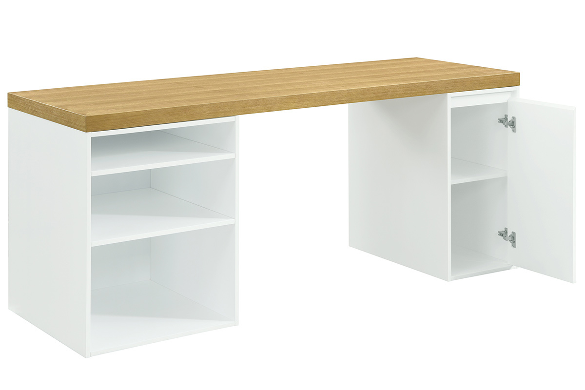 Bureau scandinave avec tiroir et caisson ouvert blancs RACKEL