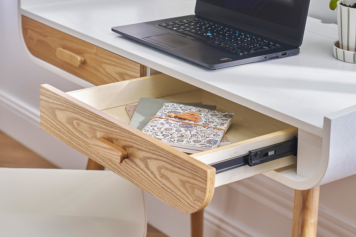 Bureau scandinave blanc et bois clair avec rangements 2 tiroirs L100 cm HALLEN