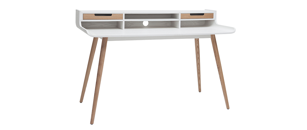 Bureau scandinave bois et blanc 2 tiroirs L140 cm OPUS