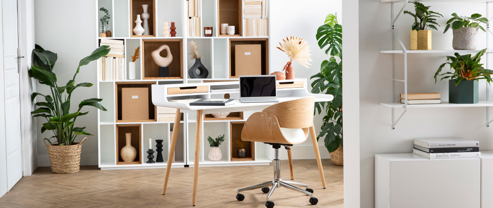 Bureau scandinave bois et blanc 2 tiroirs L140 cm OPUS