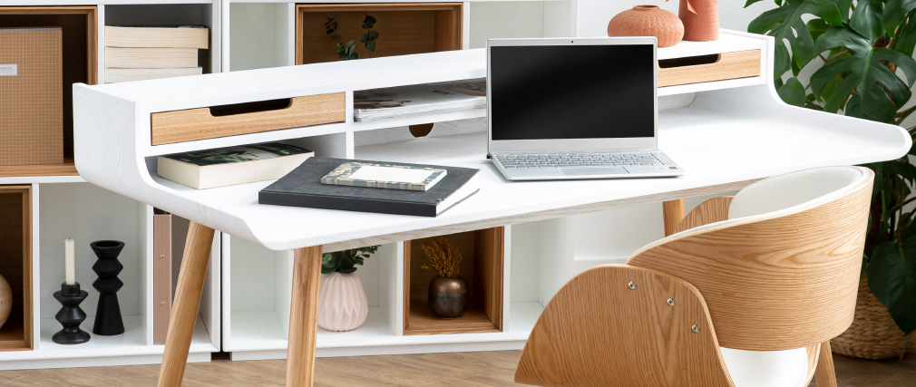 Bureau scandinave bois et blanc 2 tiroirs L140 cm OPUS
