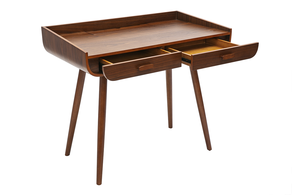 Bureau scandinave bois fonc avec rangements 2 tiroirs L100 cm HALLEN