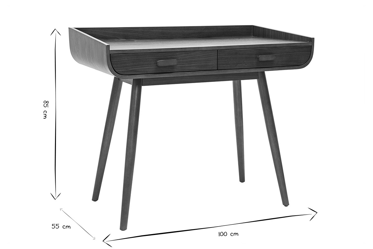 Bureau scandinave bois fonc avec rangements 2 tiroirs L100 cm HALLEN