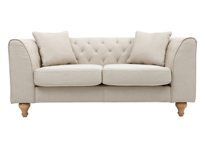 Canapé 2 places capitonné en tissu beige et bois clair MONTAIGNE