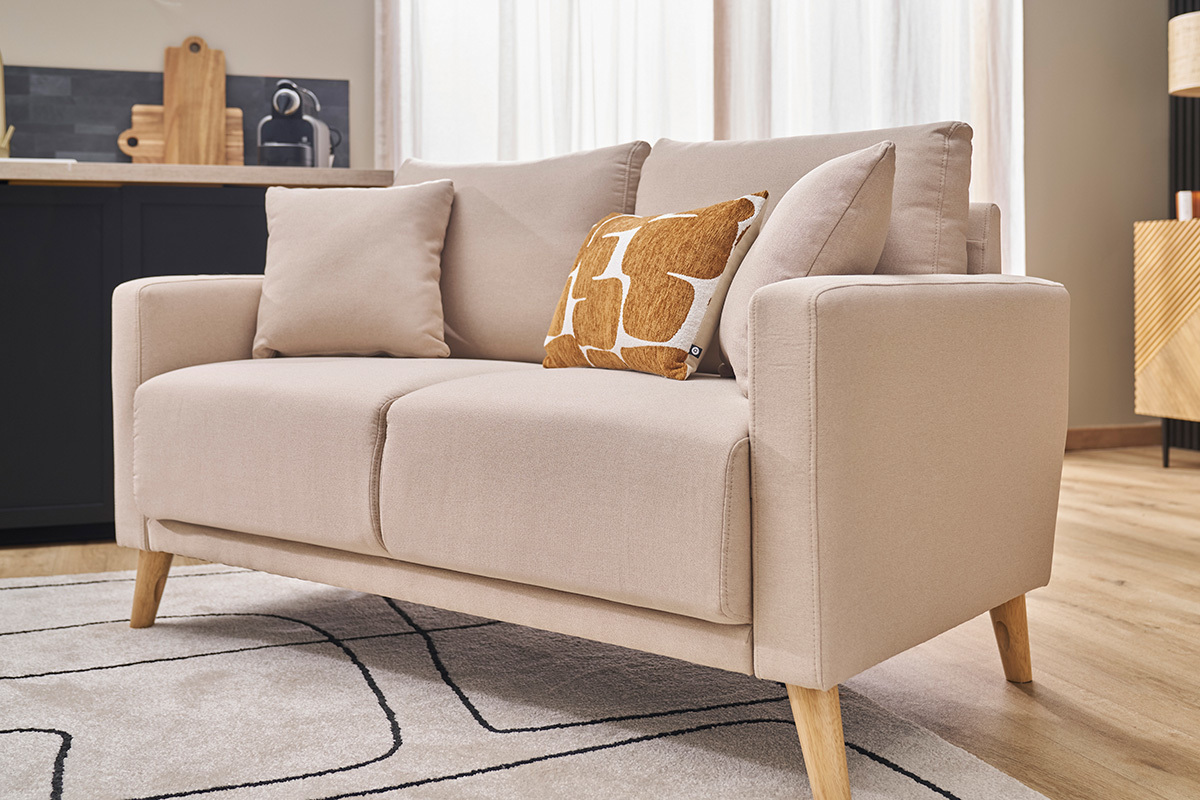 Canap 2 places en tissu beige et bois clair MUNIK
