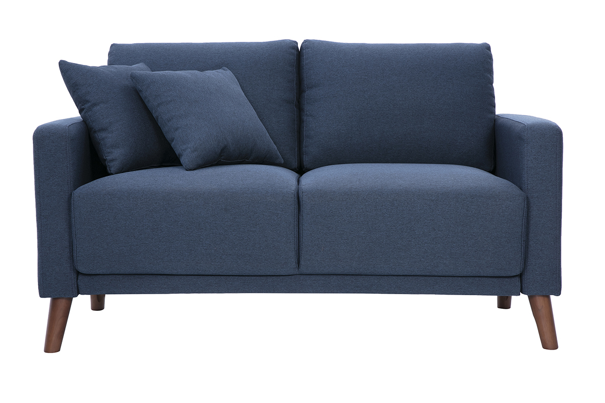 Canap 2 places en tissu bleu fonc et bois fonc MUNIK