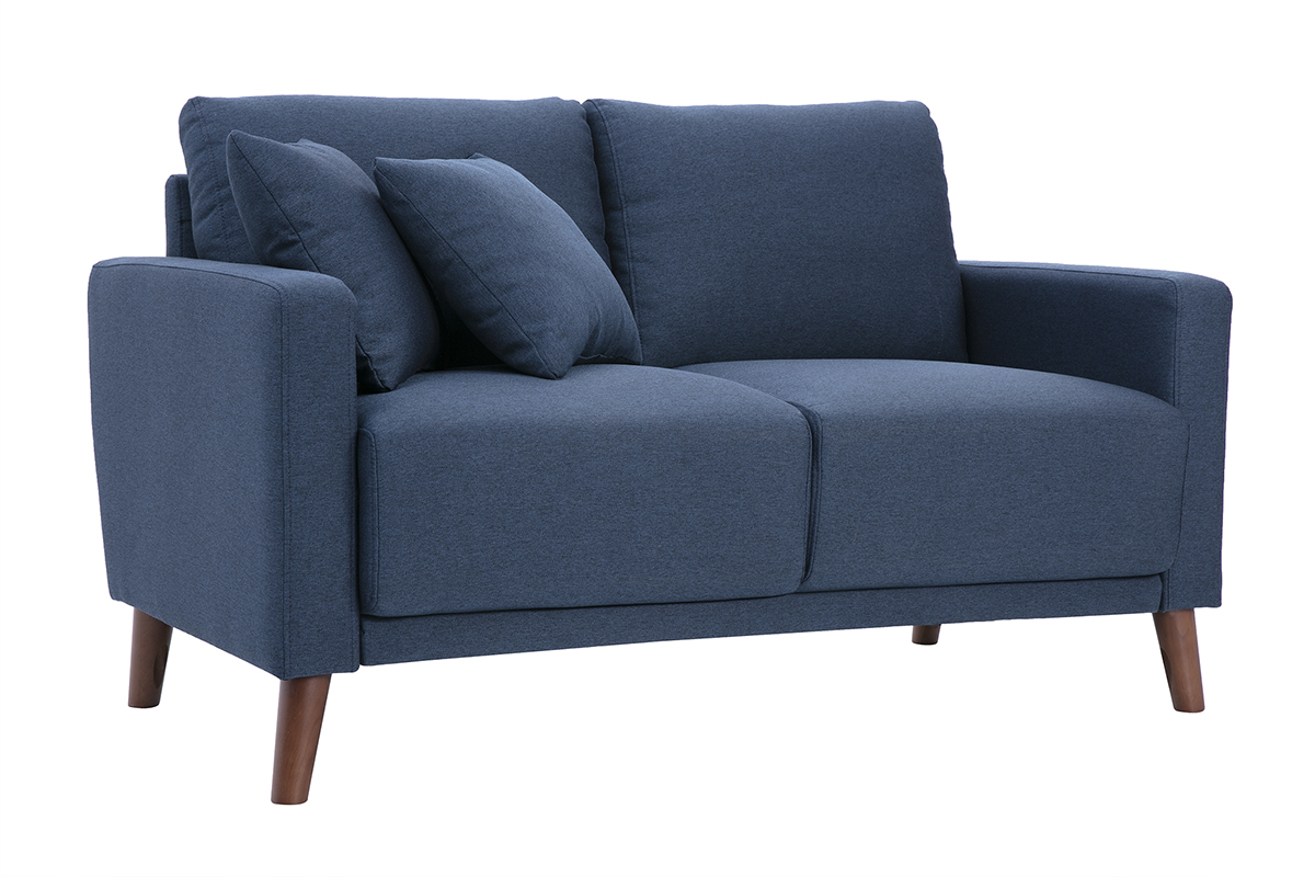 Canap 2 places en tissu bleu fonc et bois fonc MUNIK