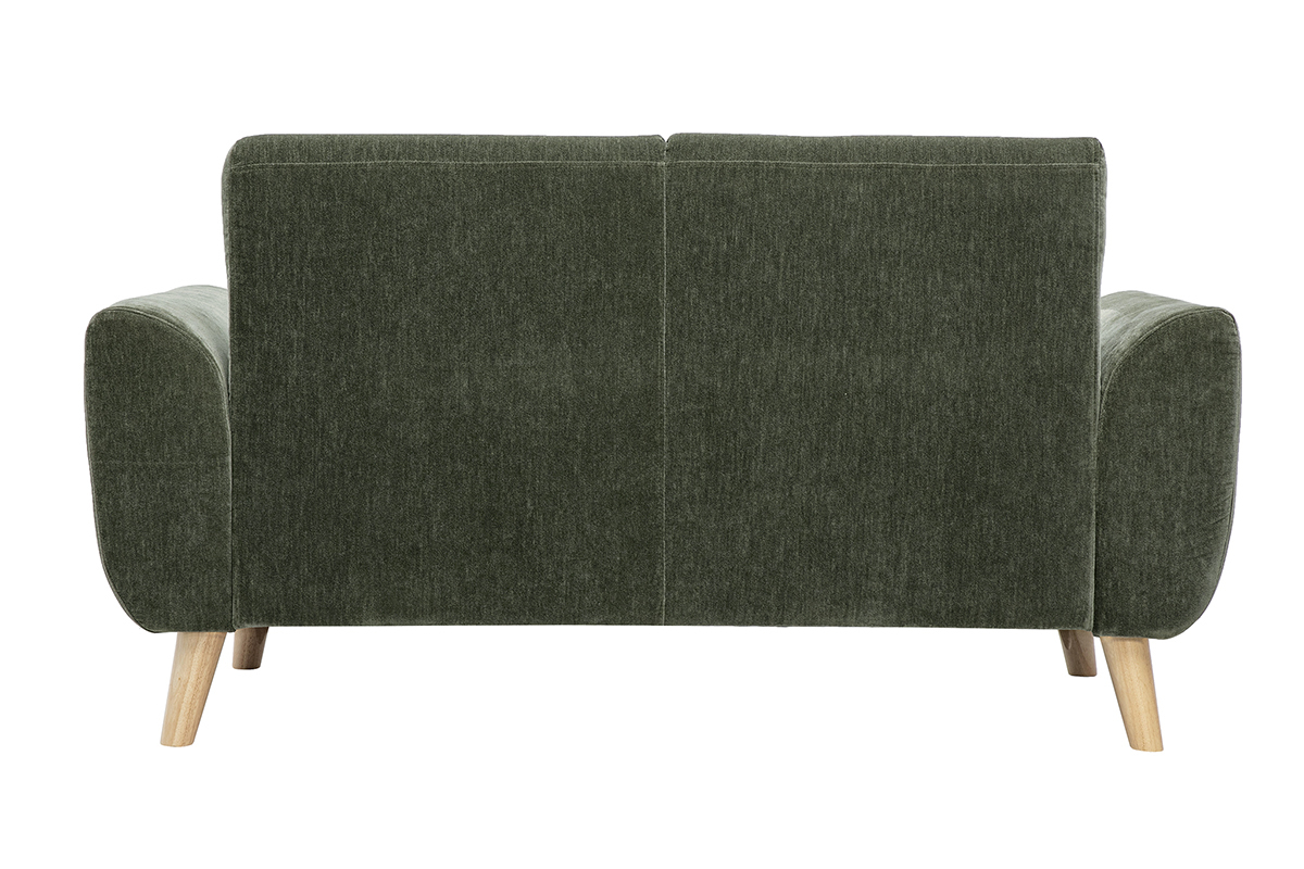Canap� 2 places en tissu effet velours vert kaki et bois clair EKTOR